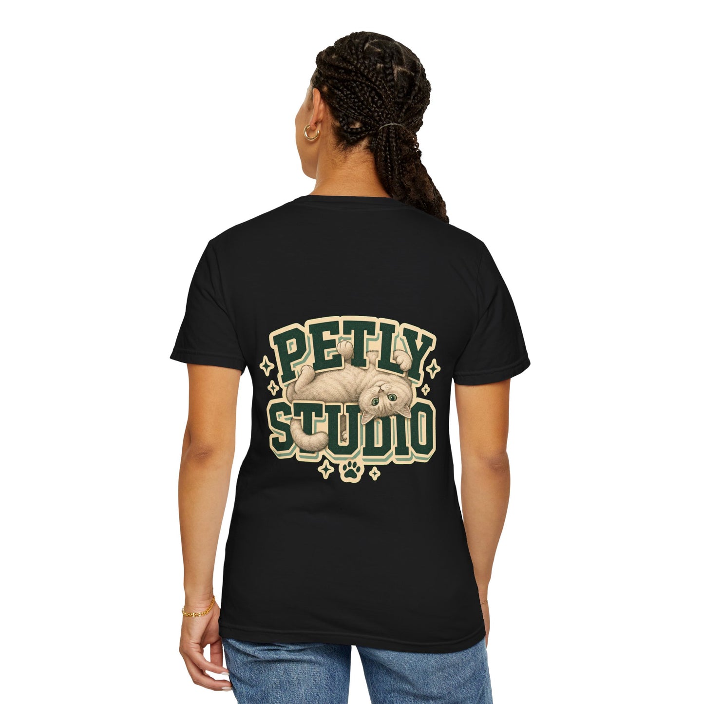 Petly Studio Cat T-Shirt — Retro Logo Tee with Cute Sleeping Cat