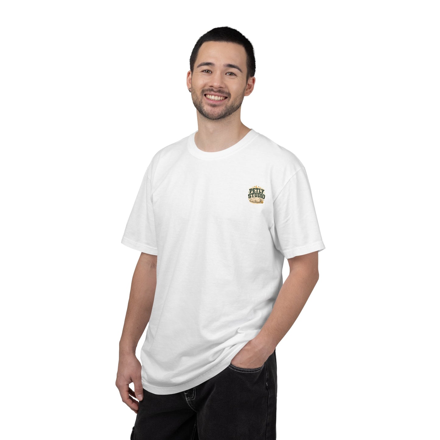 Petly Studio Cat T-Shirt — Retro Logo Tee with Cute Sleeping Cat