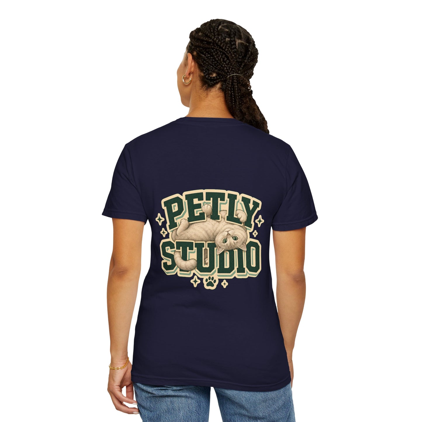 Petly Studio Cat T-Shirt — Retro Logo Tee with Cute Sleeping Cat