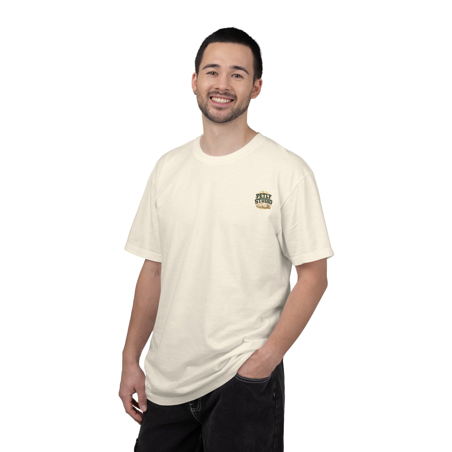 Petly Studio Cat T-Shirt — Retro Logo Tee with Cute Sleeping Cat