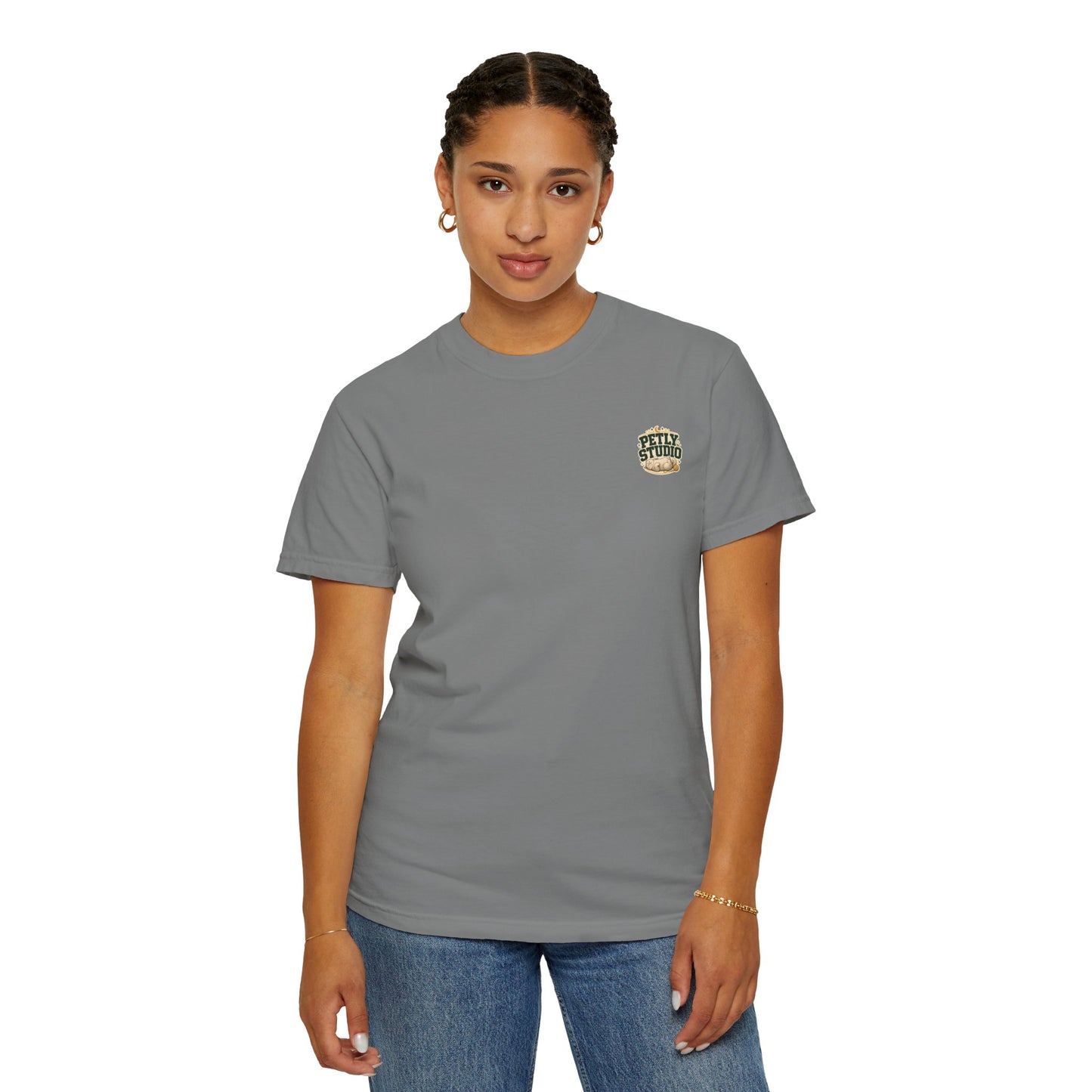 Petly Studio Cat T-Shirt — Retro Logo Tee with Cute Sleeping Cat