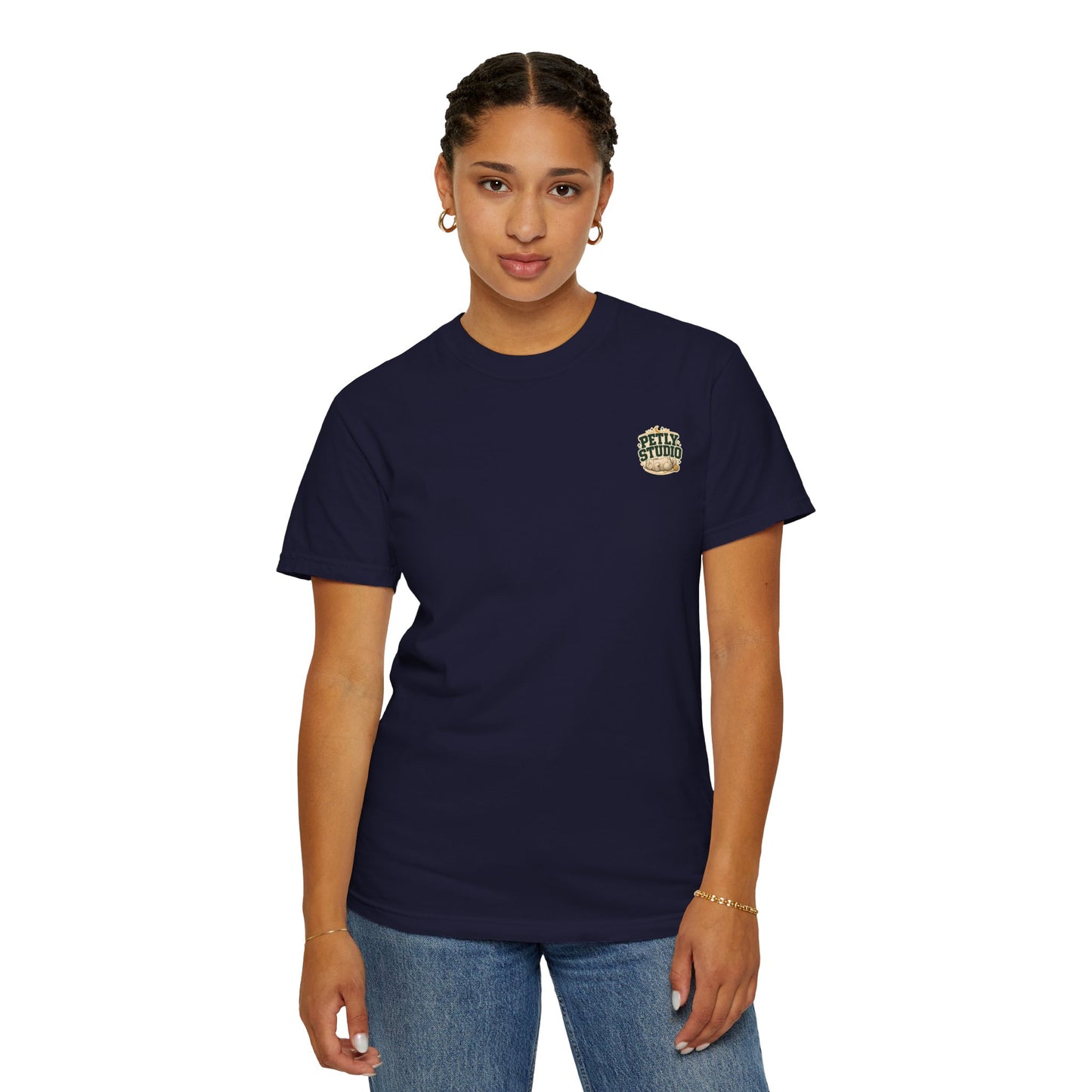 Petly Studio Cat T-Shirt — Retro Logo Tee with Cute Sleeping Cat