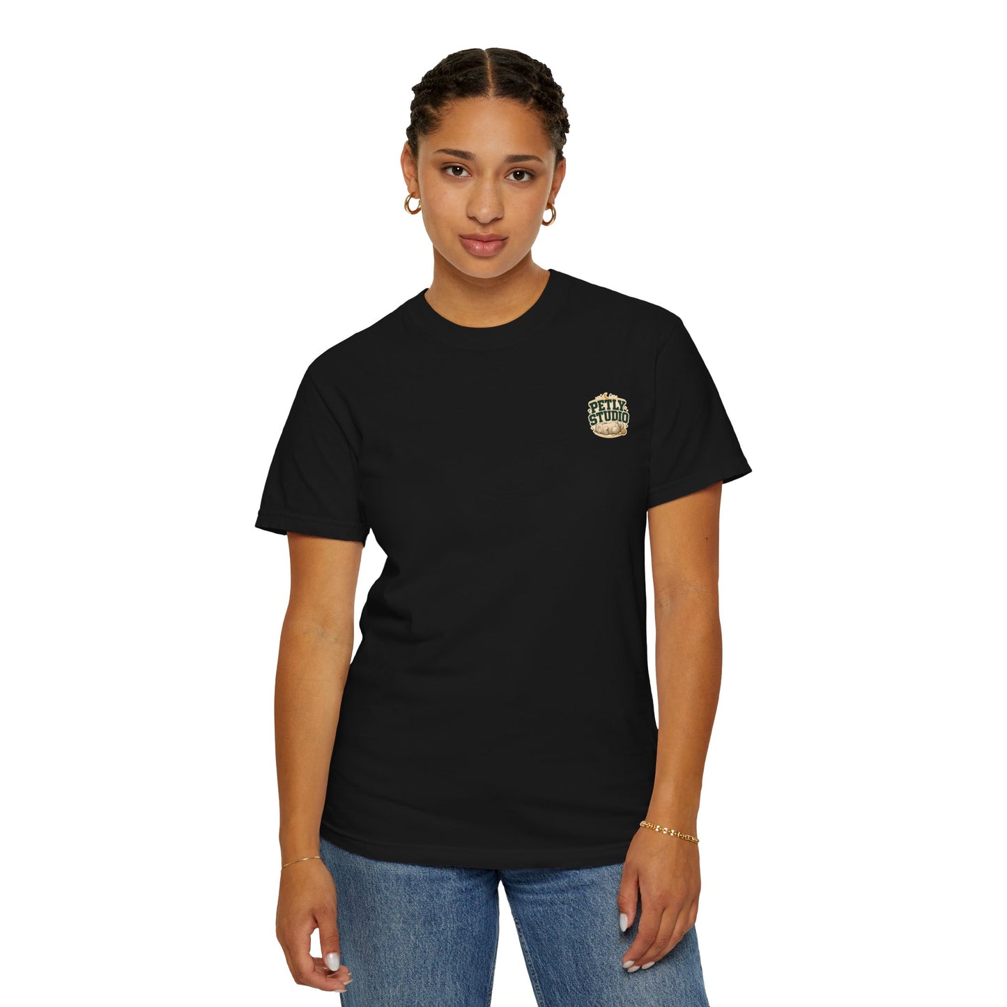 Petly Studio Cat T-Shirt — Retro Logo Tee with Cute Sleeping Cat