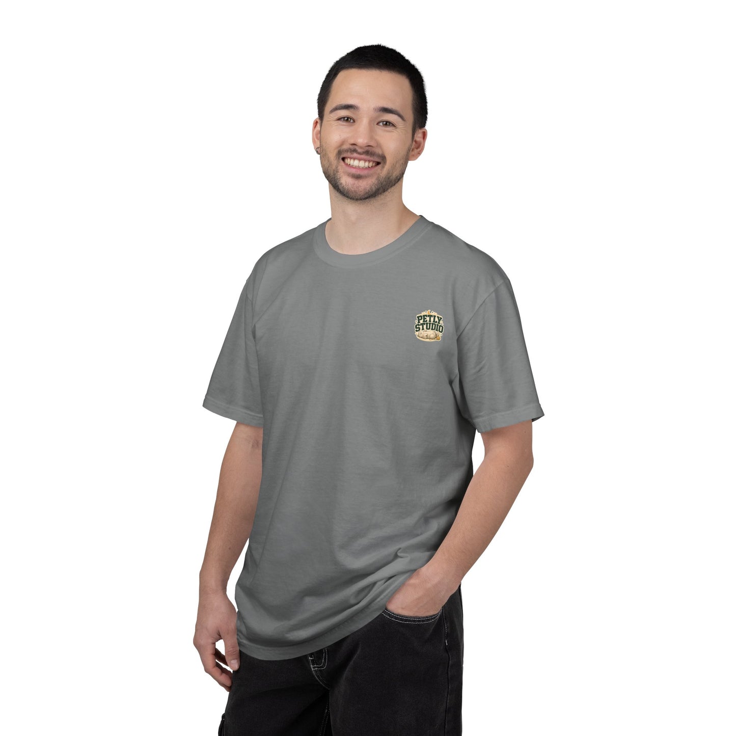 Petly Studio Cat T-Shirt — Retro Logo Tee with Cute Sleeping Cat