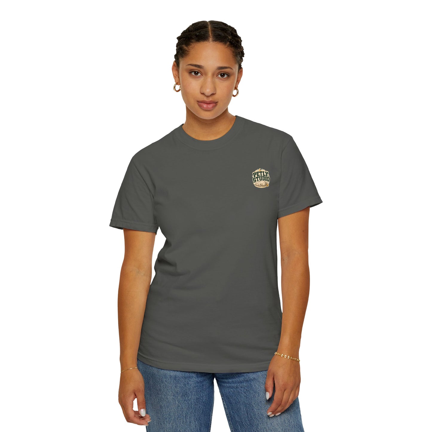 Petly Studio Cat T-Shirt — Retro Logo Tee with Cute Sleeping Cat