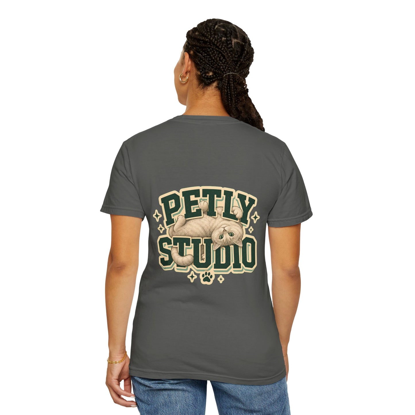 Petly Studio Cat T-Shirt — Retro Logo Tee with Cute Sleeping Cat