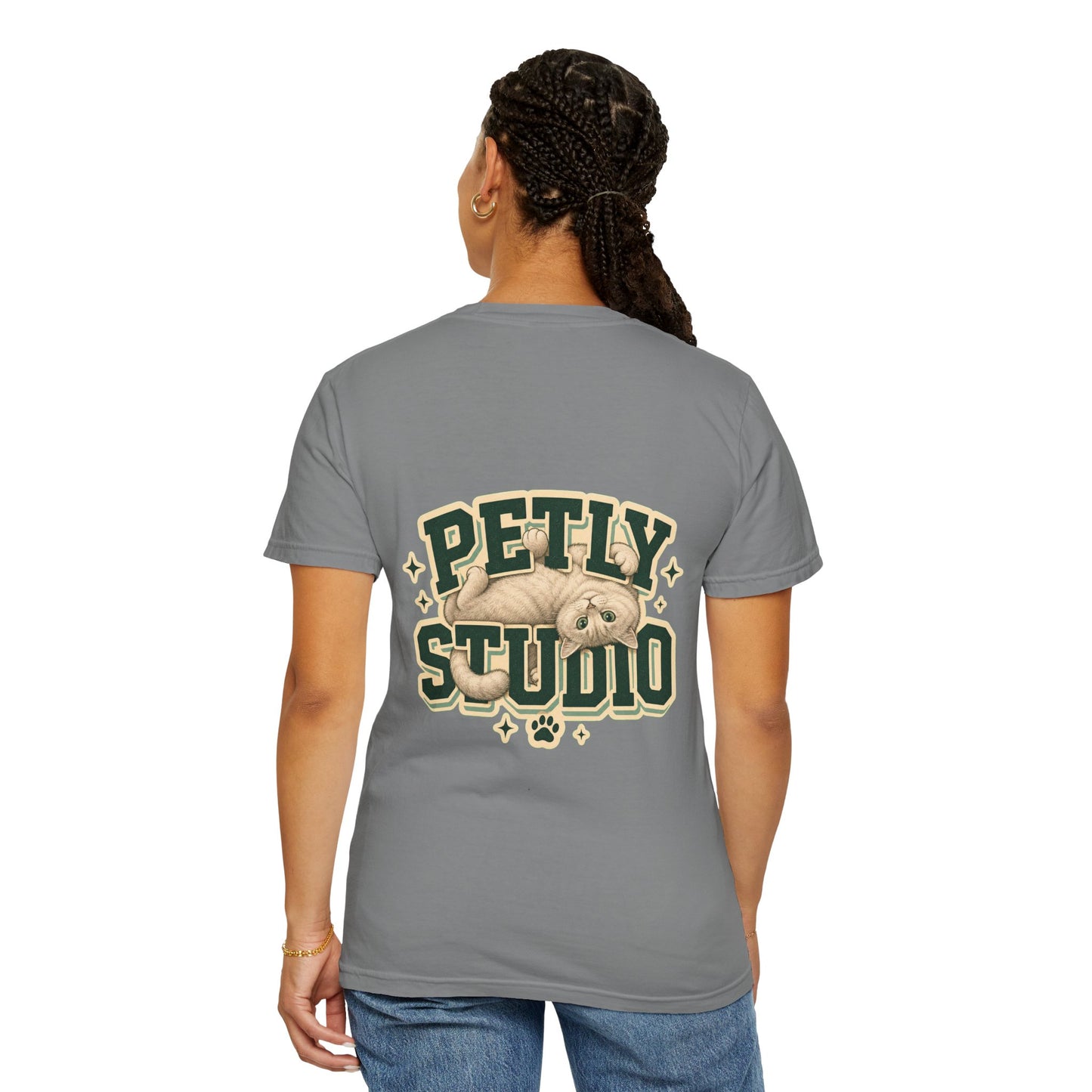 Petly Studio Cat T-Shirt — Retro Logo Tee with Cute Sleeping Cat